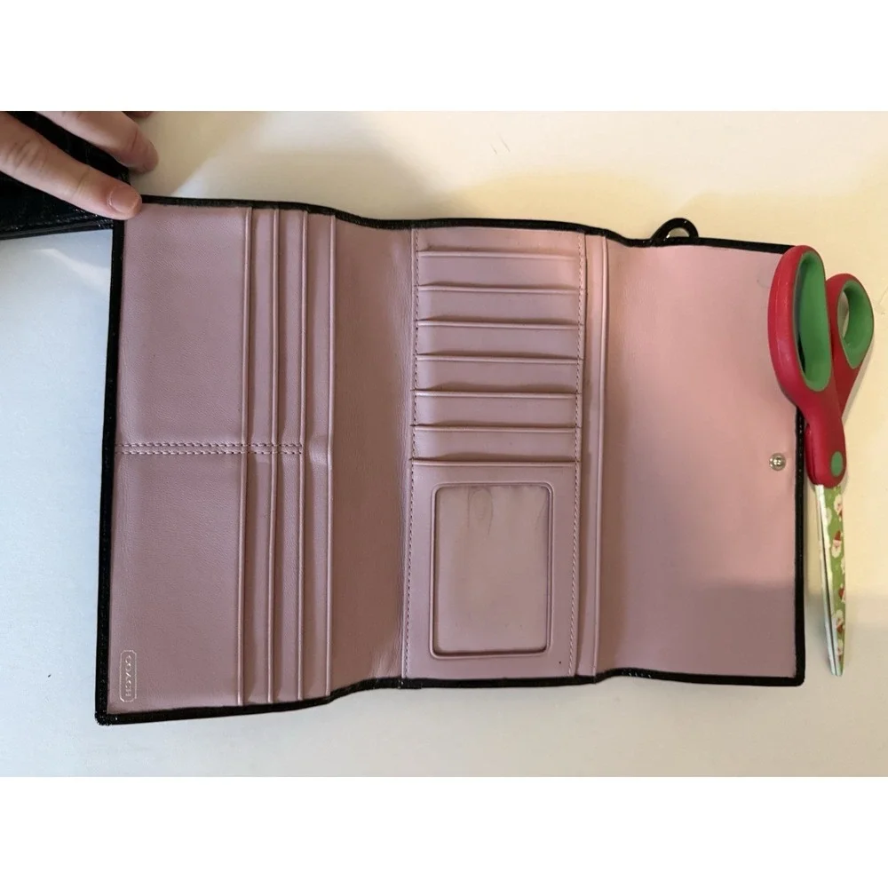 Coach Black Patent Leather Tri-Fold Wallet And Check Book C Embossed